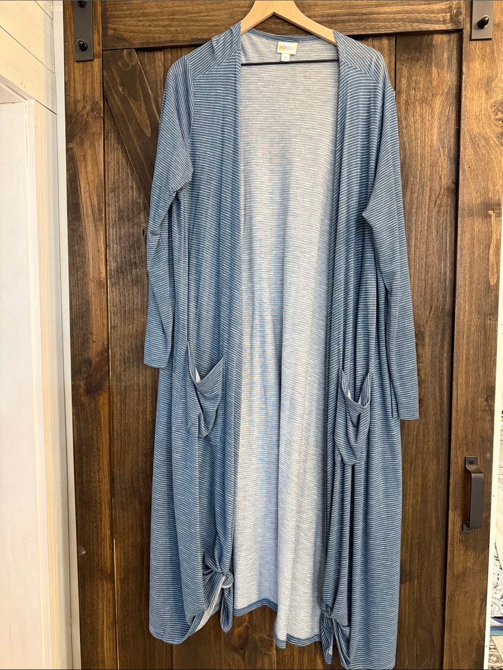 LuLaRoe Blue & White Striped Long Open Front Cardigan